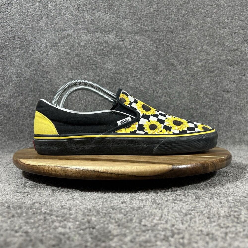 Vans Classic Slip-On Women’s Size 10.5 Black Yellow Sunflower Checkerboard Shoes